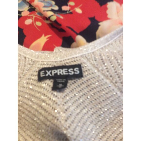 Express Medium M Gold Metallic Short Sleeve Holiday Sweater Career - Picture 3 of 5